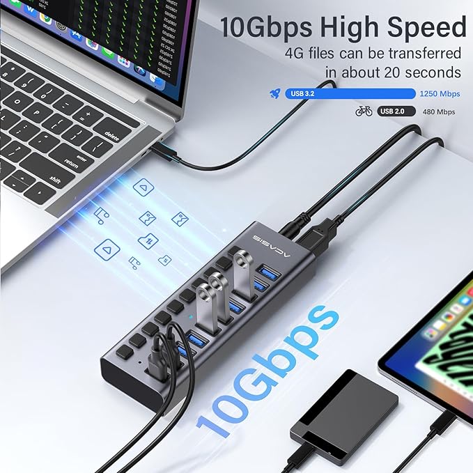 Powered USB 3.2 Hub ACASIS 10 Ports USB 3.2 Hub with 10Gbps Data Speed Aluminum Housing USB Hub Powered with 48W Power Adapter USB Hub for PC/Laptop Computer Flash Drive Printer Camera
