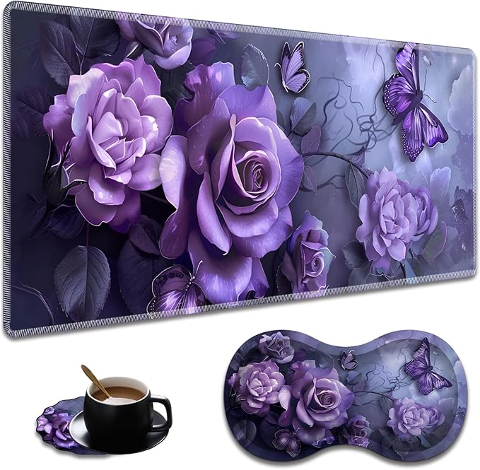 Extended Non-Slip Mouse Pad + Mouse Wrist Rest + Lace-Shaped Coaster Set Ergonomic Design Suitable for Desk and Home Gaming Table Mat Purple Rose