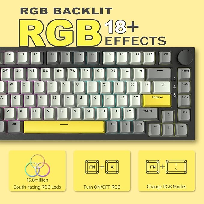 ATTACK SHARK Ajazz Hot Swappable Mechanical Keyboard 75% PercentTLK Custom Wired Keyboard Gaming with Rotary KnobRGB BacklitGasketNKROPBT Keycaps for Win/MacMoon Yellow Linear Switch