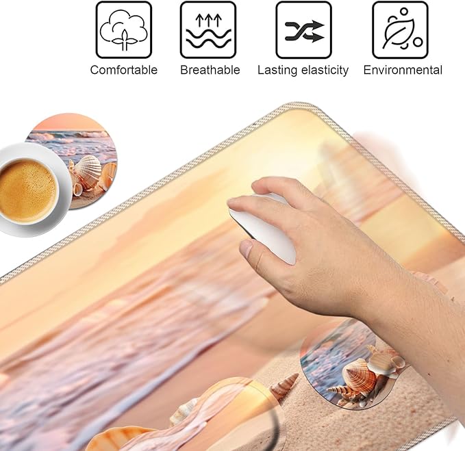 Keyboard Mouse Pad SetLarge Mouse Pad+Keyboard Wrist Rest+Wrist Support+Coaster31.5x11.8in Extended Desk Mat for Computer Laptop Office Home-Sandy Beach Shell
