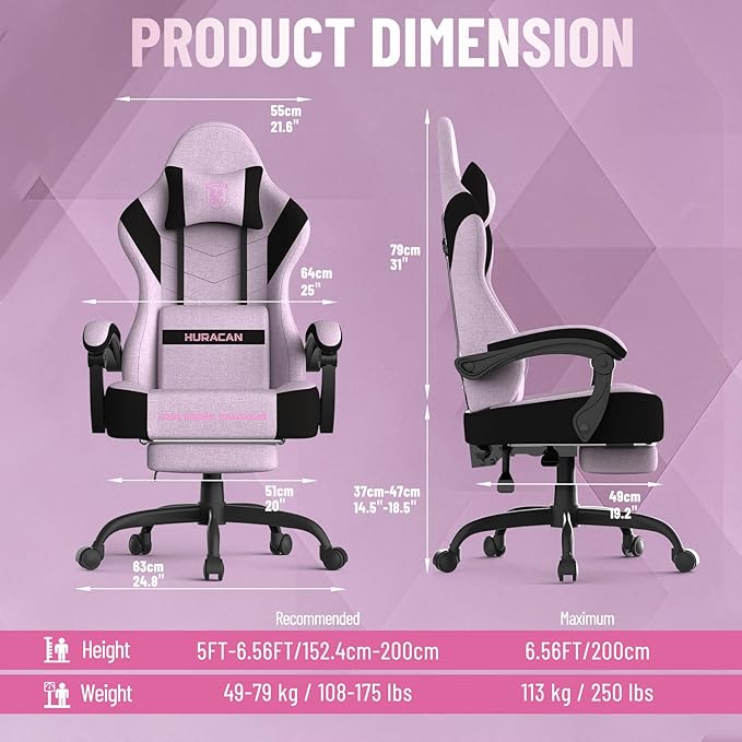 Ferghana Cotton Fabric Gaming Chair with Wider Seat Cushion Shield-Shaped Embroidery Ergonomic High Back Game Chair with Footrest Computer Chair with Massage Lumbar Support for Adult Pink