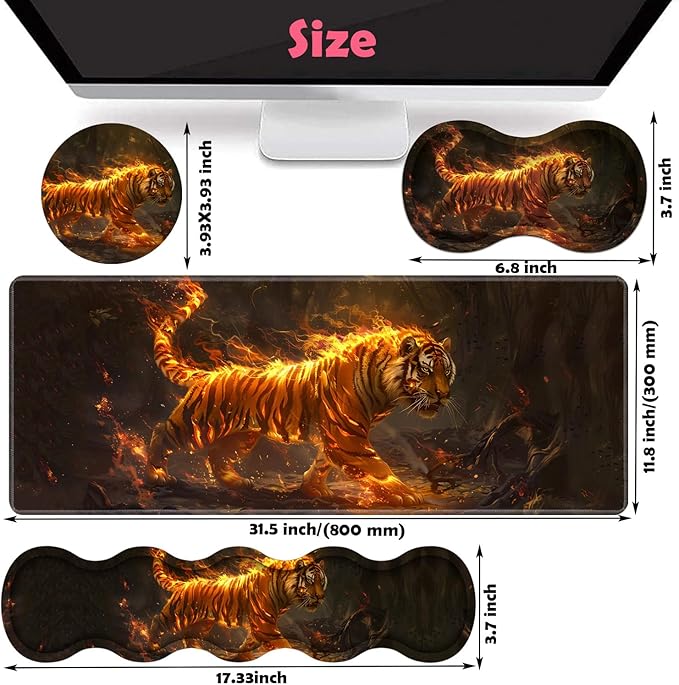 Large XXL Gaming Desk Mat 31.5x 11.8 Ergonomic Keyboard Wrist Rest &amp Mouse Pad Wrist Rest + Coaster Set Non-Slip Base Memory Foam Office and Home Fire Tiger