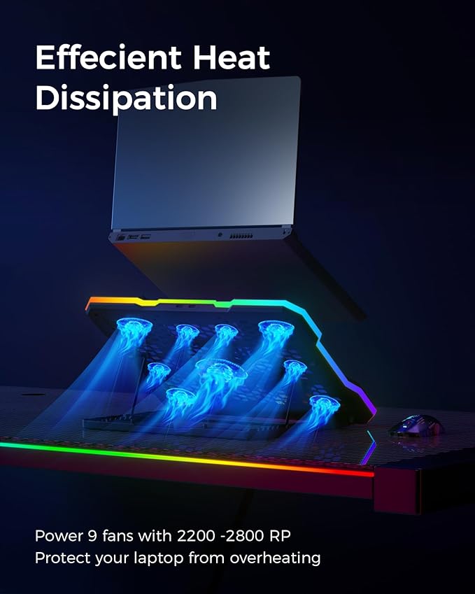 ChillCore Laptop Cooling Pad RGB Lights Laptop Cooler 9 Fans for 15.6-19.3 Inch Laptops Gaming Laptop Fan Cooling Pad with 8 Height Stands 2 USB Ports - A21 Blue