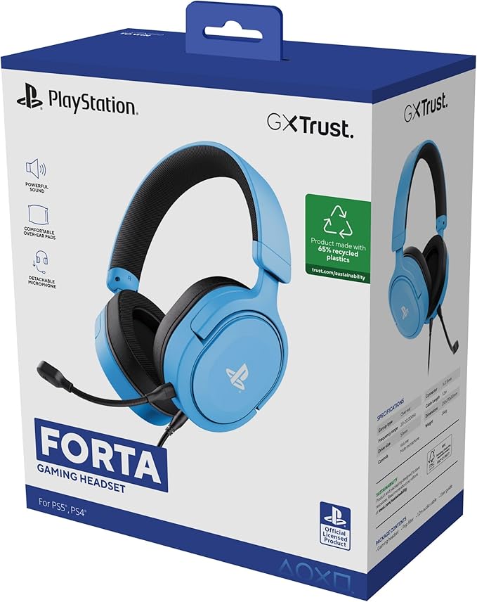 Trust Gaming GXT 498B Forta [Officially Licensed for PlayStation 5] Gaming Headset for PS5 / PS4 1.2m Cable 50mm Drivers 3D Audio Detachable Microphone Wired Over-Ear Headphones with Mic Blue