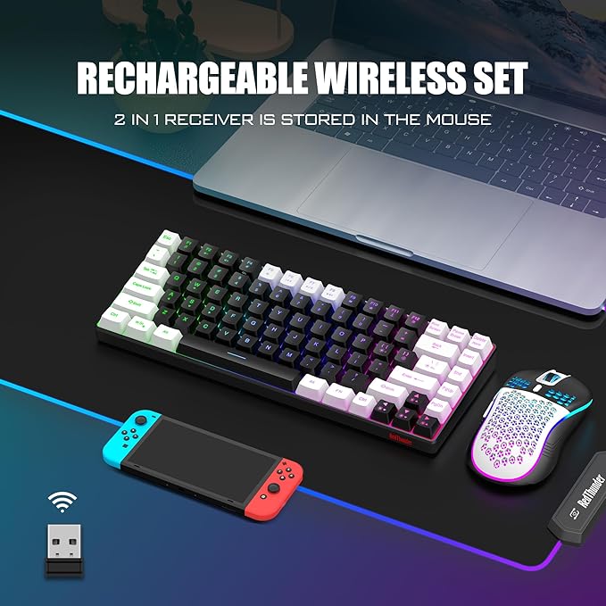 RedThunder K84 Wireless Keyboard and Mouse Combo Rainbow Backlit Rechargeable Battery 75% Layout TKL Ultra Compact Gaming Keyboard &amp Lightweight 3200 DPI Honeycomb Optical Mouse (Black-White)