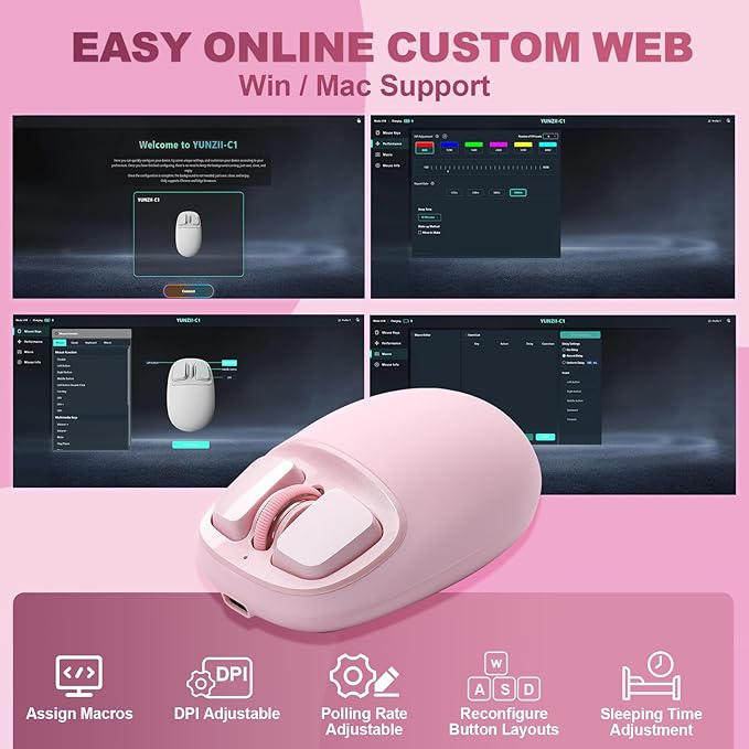 YUNZll C1 Silicone Wireless Mouse Tri-Mode 2.4G/USB-C/Bluetooth Mouse 4800 DPl Optical Tracking 6 Adjustment LevelsCustomize Mice for Laptop Computer iPad MacBook (Pink)