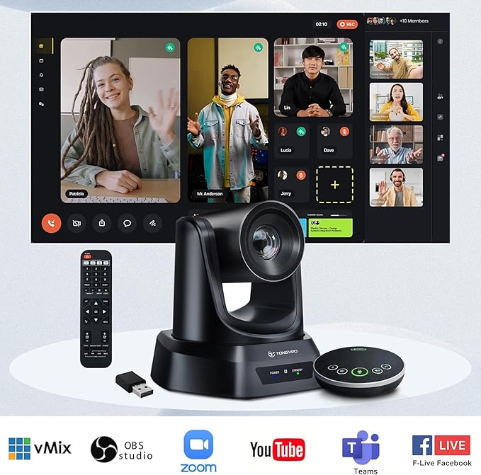 TONGVEO 5.8GHz Wireless Conference Room Camera System with Bluetooth Microphone20X 60fps PTZ Camera for Worship Online Conference Works with Zoom Skype OBS Easy to Set Up
