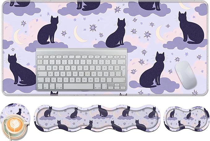 Keyboard Wrist Rest and Mouse Pad Set31.5x11.8 Inches Desk MatWaterproof Non-Slip Ergonomic Wrist Support for Pain ReliefExtended Desk Protector for Office Home GamingCute Cat Design