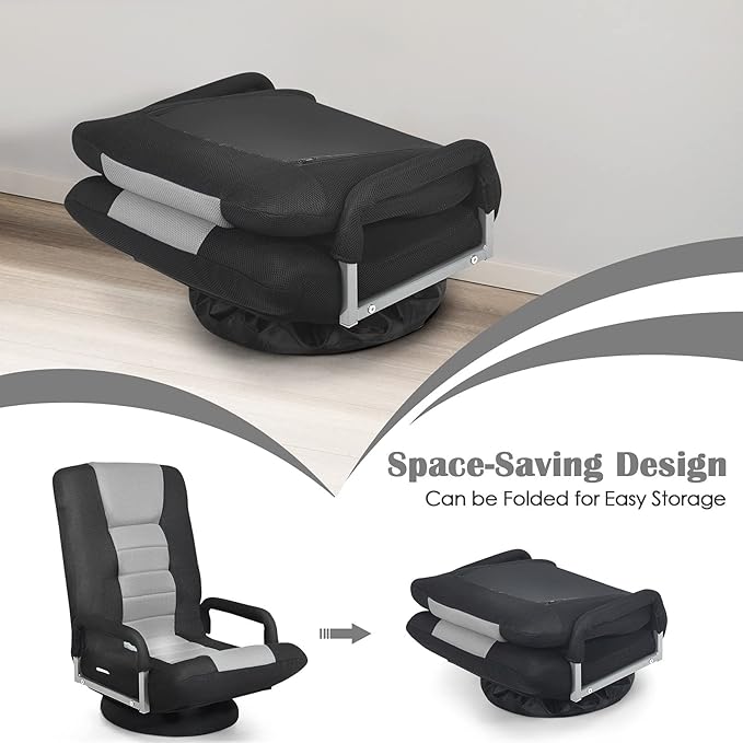 ERGOMASTER 360 Degree Swivel Video Gaming Floor Chair w/Armrests Adjustable 6-Position Folding Floor Chair Padded Backrest for Game Reading (Grey/Black)