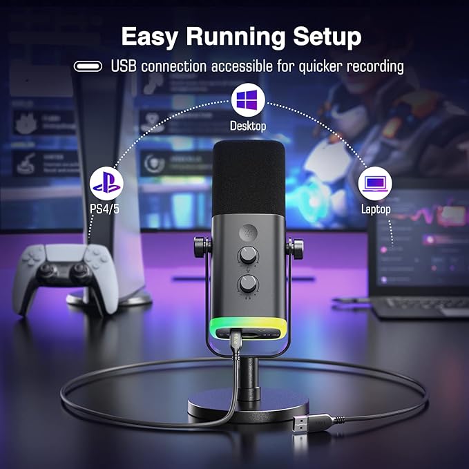FIFINE Gaming Headset and XLR Dynamic Microphone Bundle USB Headset Set with 7.1 Surround Sound for PS5/PS4 Podcast Recording Mic with RGB Mute Button Headphones Jack for Vocal YouTube (H9+AM8)