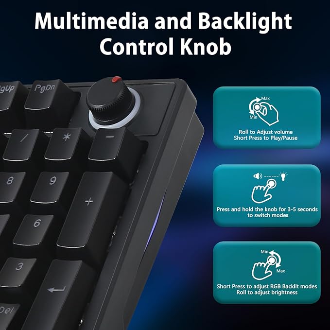 HUO JI Mechanical Gaming Keyboard Wired 17 LED Backlit Modes Liner Red Switch Volume Knob Anti-Ghosting Double-Shot Shine Through Keycaps 96% Light Up Keyboard for PC Mac