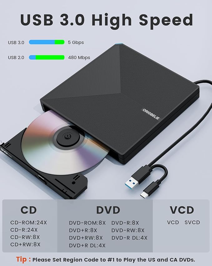 External CD DVD Drive Portable Type C &amp A USB 3.0 DVD +/-RW Player Burner Reader Writer Optical CD ROM Disc Drive for MacBook Laptop Desktop PC Mac OS Windows Linux with Carrying Case