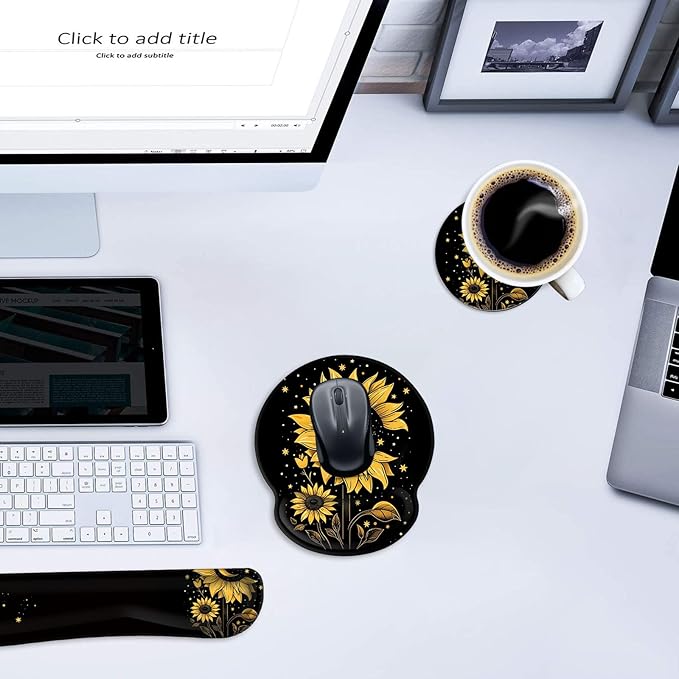 Mouse Pad Wrist Support and Keyboard Wrist Rest Pad with CoasterNon-Slip Rubber Base Ergonomic Gaming Mousepad for Home Office Working Studying Easy Typing &amp Pain ReliefSunflower Moon Star