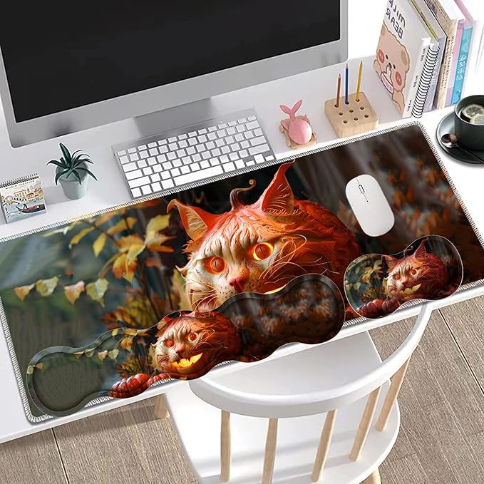 Large Gaming Mouse Pad + Keyboard Wrist Rest + Wrist Support + Coaster Set Memory Foam Ergonomic for Easy Typing XXL Extended Gaming Mouse Pad Table Pad - Pumpkin Cat
