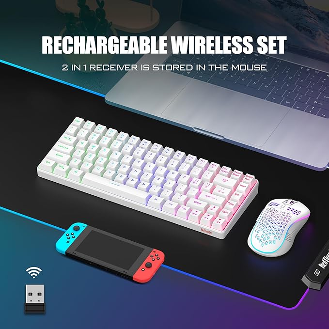 RedThunder K84 Wireless Keyboard and Mouse Combo Rainbow Backlit Rechargeable Battery 75% Layout TKL Ultra Compact Gaming Keyboard &amp Lightweight 3200 DPI Honeycomb Optical Mouse (White)