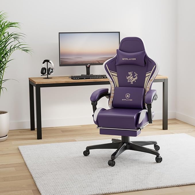 GTPLAYER Gaming Chair with Bluetooth Speakers and Footrest Dragon Series Video Game Chair Heavy Duty Ergonomic Chair Esports Gaming Chair Computer Office Desk Chair (Purple)