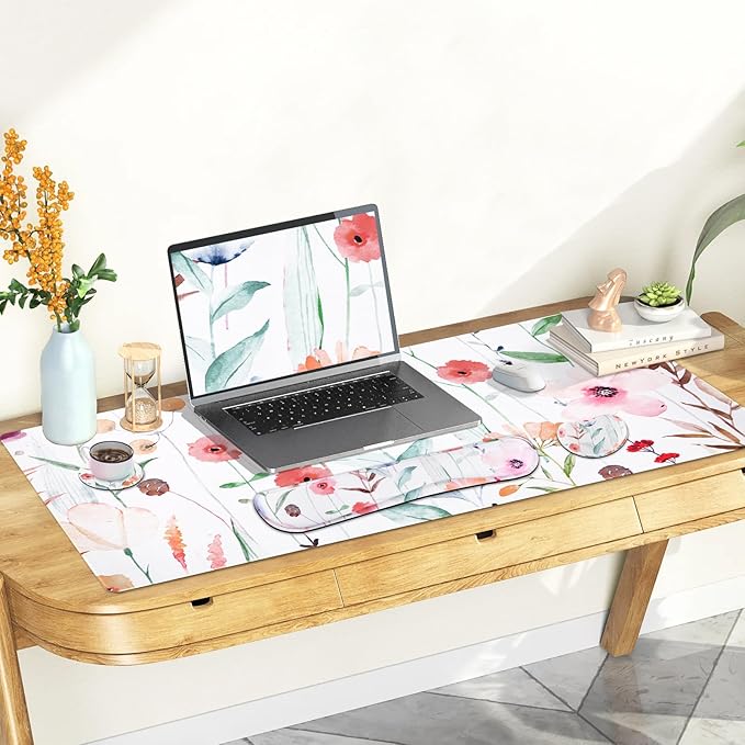 Large Gaming Mouse Pad Set 4 in 1 Extended Keyboard Desk Mat with Wrist Rest PC Computer Game Mousepad Set Non-Slip Desk Pad Easy Typing Pain Relief for Home Office I Orange Flowers