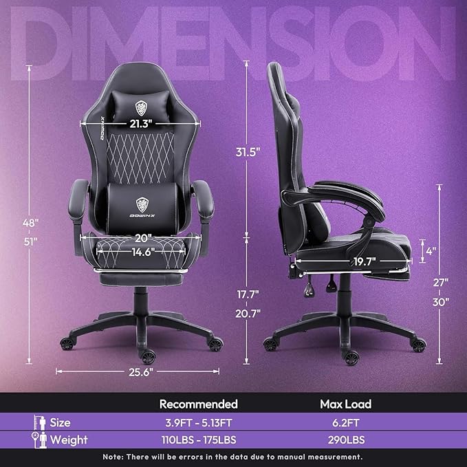 Dowinx Gaming Chair with Massage Lumbar Support and Footrest Video Game Chair for Adults Adjustable Ergonomic Gamer Chairs High Back with Pocket Spring Cushion Swivel Recliner with Headrest Black