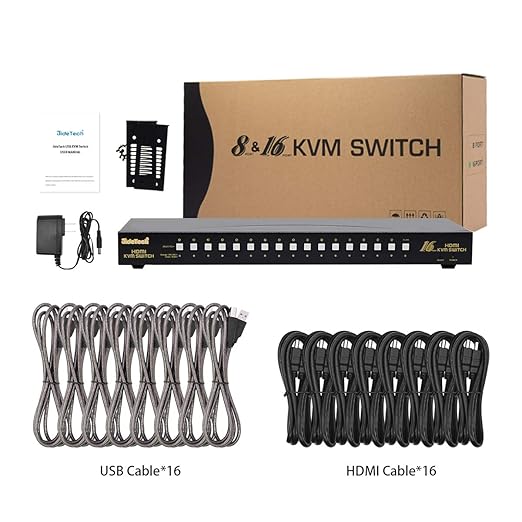 JideTech HDMI USB KVM Switch 16 Port Up to 4K@30Hz Resolution with USB 2.0 Hub Support Hotkey Mouse Switching for Linux Windows Mac Unix