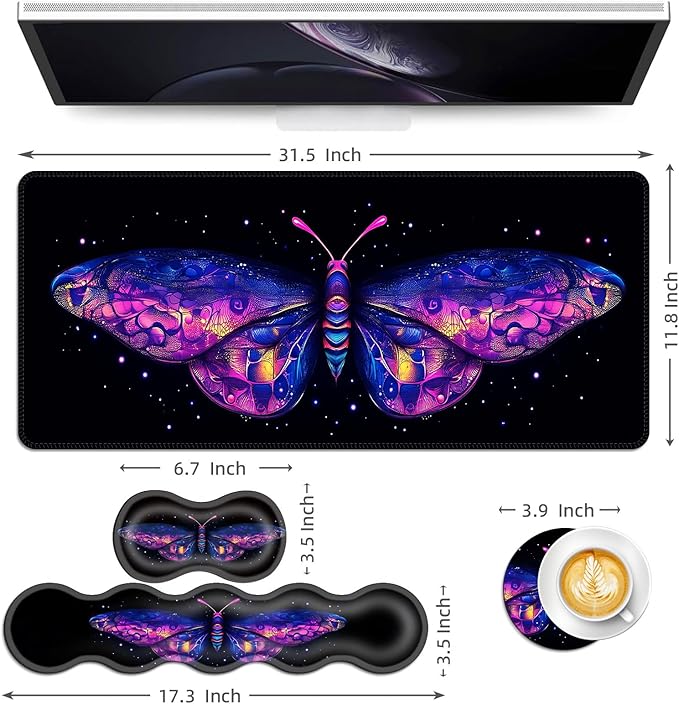 Keyboard Mouse Pad Set Extended Gaming Mouse Pad+Ergonomics Keyboard Wrist Rest Support Memory Foam Easy Typing Pain Relief 4Pcs XL Ultra Thick Desk MatNeon Galaxy Butterfly