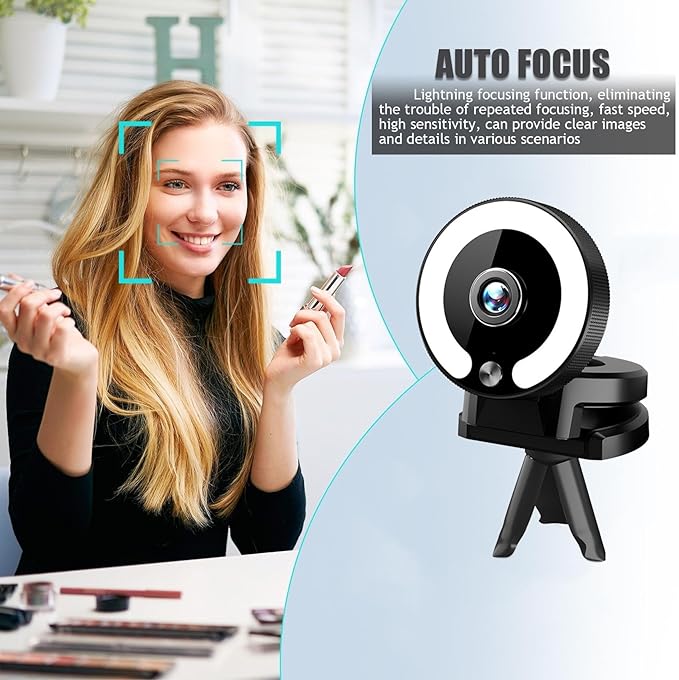 4K Webcam with Adjustable Ring Light HD Autofocus with Microphone HD Web Camera with Privacy Cover and Tripod Stand Plug and Play USB for Laptop Desktop Video Calling