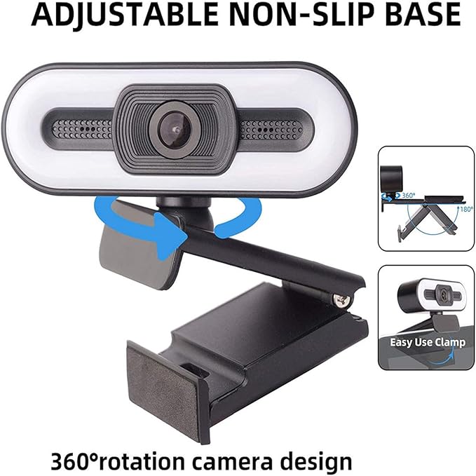 1080P HD Webcam with Microphone 120° Wide Angle Camera with Adjustable Ring Light Auto Focus Laptop USB Webcam for Video Calling Recording