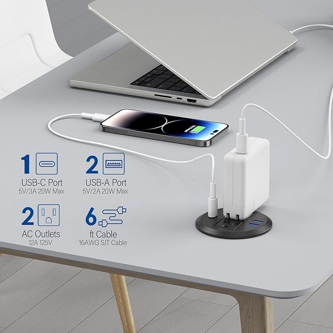 3 inch Desktop Power Grommet USB C20W Fast Charging StationFurniture Recessed Power Strip2 Outlets3 USB PortsFlush-Mount for Desktop Workspace Essential Desk Outlet2 Pack (Black)