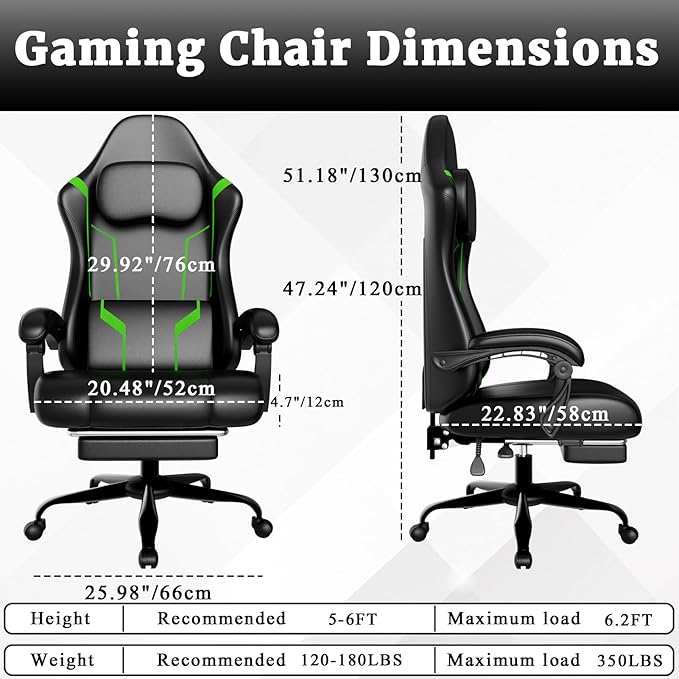 Gaming Chair with Pocket Spring Cushion &amp Footrest - Ergonomic Computer Chair with Adjustable Height Headrest &amp Swivel SeatFaux Leather Green