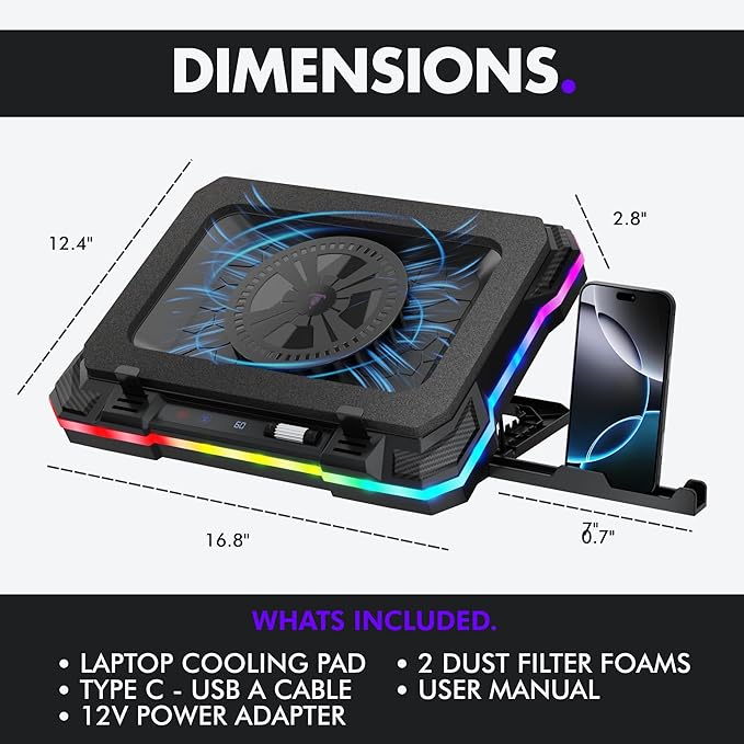 Tilted Nation Gaming Laptop Cooling Pad with USB Hub - Boost Performance Stay Comfortable - RGB Laptop Cooler Stand with Adjustable Height &amp Fan Speed RGB USB (C + A) Hub for 15.6 - 19 Lapto