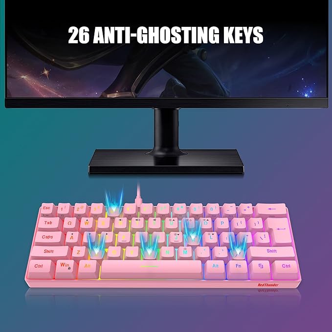 RedThunder 60% Gaming Keyboard and Mouse Combo Ultra-Compact 61 Keys RGB Backlit Mini Keyboard Lightweight 7200 DPI Honeycomb Optical Mouse RGB Wired Gaming Set for PC MAC PS5 Xbox Gamer(Pink)