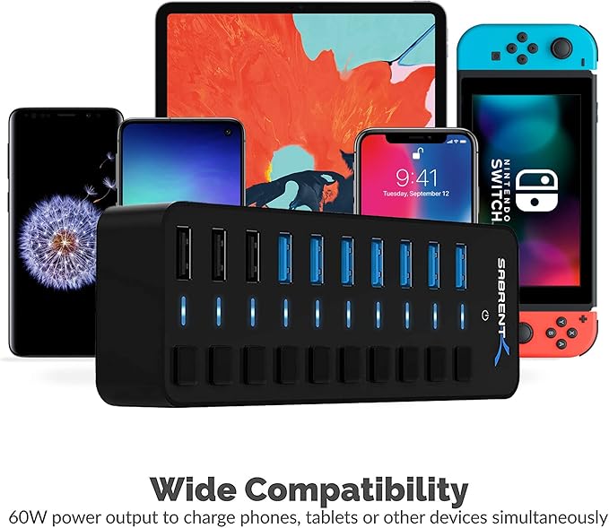 SABRENT 10-Port USB 3.0 Hub Individual Power Switches and LEDs 3 Smart Charging Ports 60W Power Adapter for PC Mac Xbox PS5 Laptop Desktop USB Devices (HB-B7C3)
