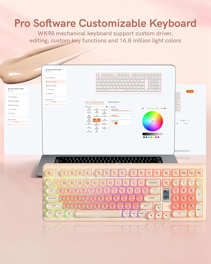 Keymatic Foundation Mechanical Keyboard98% Pink Creamy Keyboard Gaming Keyboard3 Mode with Multimedia ScreenRGB BacklitJelly MOA Profile keycaps for Win/MacPink