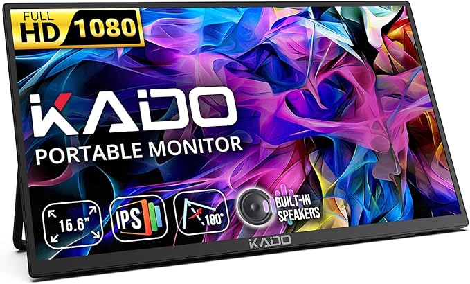 Kado Portable Monitor 15.6-Inch FHD 1080p 45W Reverse Charging USB-C mini-HDMI Gaming Monitor IPS Display Built-in Speakers Second Display 180° Kickstand for Laptop PC Phone Mac Xbox PS4/PS5 Switch