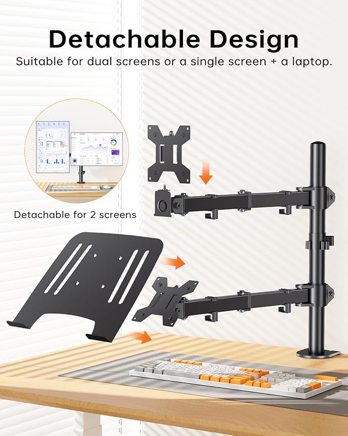 H&ampC(hcck&ampCllassp) Monitor and Laptop Mount Stand for 13 to 32 Screens Adjustable Monitor Arm Stand with Tray for 11-17” Laptop Holds 18lbs/Arm C-Clamp 75x75/100x100 VESA