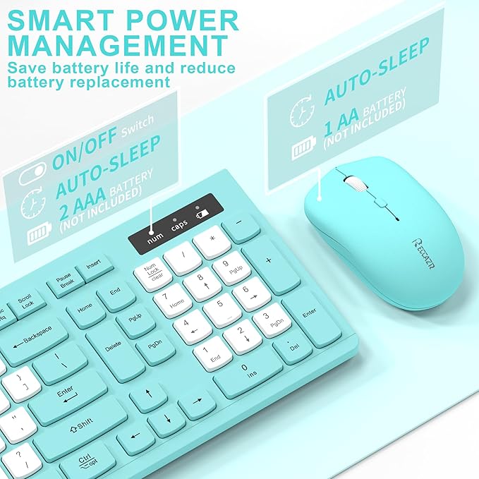 Wireless Keyboard and Mouse Combo Full-Sized Quiet Wireless Keyboard and Adjustable DPI Mouse 2.4GHz USB Receiver Keyboard and Mouse for PC Windows Desktop Laptop (Tiffany Blue and White-B)