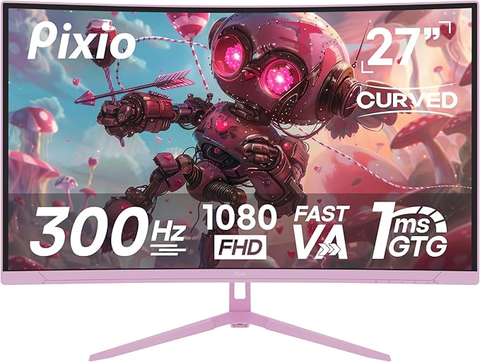 Pixio Two PXC279WAVE Pink 27 inch 300Hz Refresh Rate FHD 1080p Resolution 1650R Curve Fast VA Panel 1ms GTG Response Time HDR Curved Gaming Monitor and PS1D Wave Pink Dual Monitor Arm