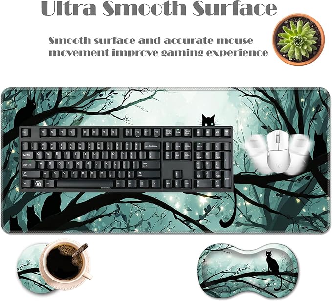 Ergonomic Keyboard Wrist Rest &amp Mouse Pad Wrist Rest SetXL Gaming Desk Mat 31.5x 11.8Non-Slip BaseMemory FoamEasy Typing Pain Relief for Office &amp HomeCats in Moonlit Forest