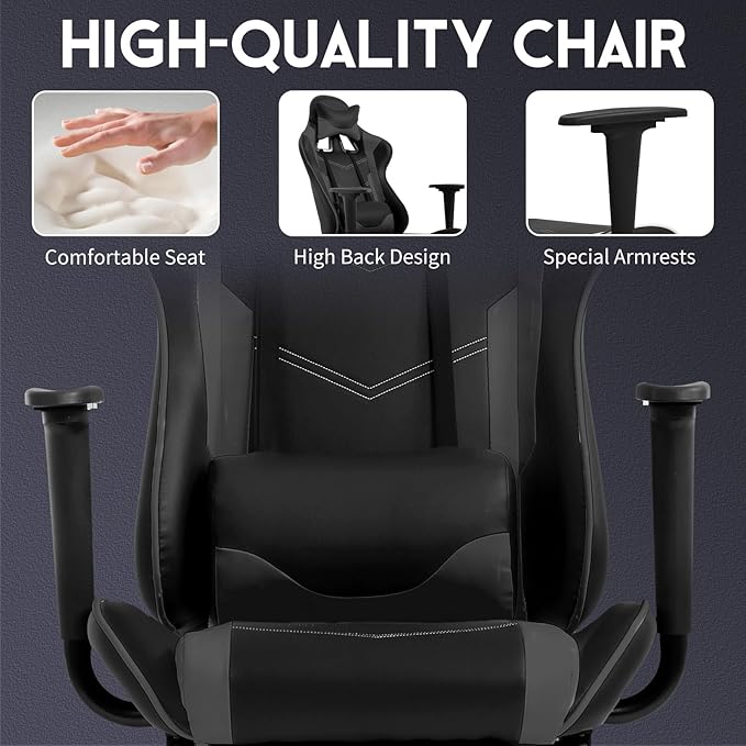 BLKMTY Massage Gaming Chair with Footrest Ergonomic Office Chair Racing Computer Chairs PU Leather with High Back Lumbar Support Headrest Reclining Chairs Grey