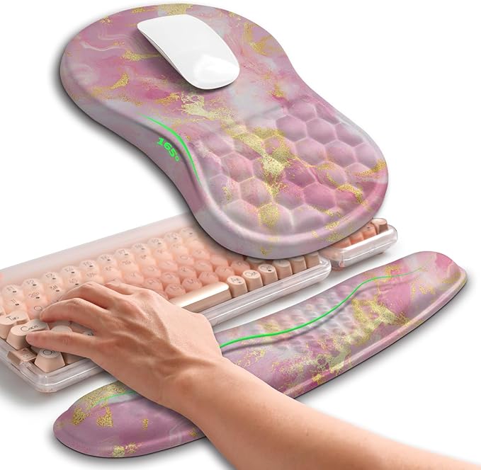 Hokafenle 2in1 Combination Wave Keyboard Wrist Rest and Ergonomic Curvature Mouse Pad Wrist Support for Relieve Wrist Pain Filled with Soft Cushion Memory Foam Golden Pink Marble