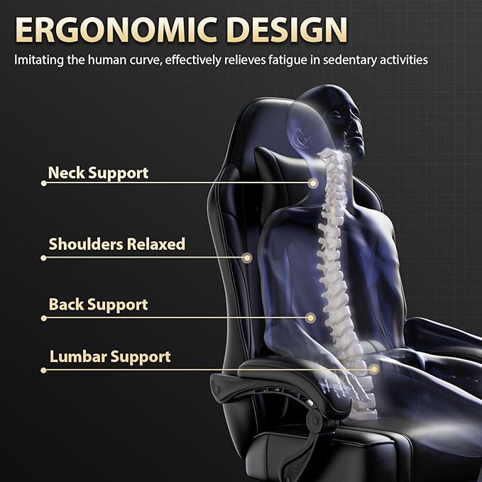 Ergonomic Gaming Chair Video Game Chair with Pocket Spring Cushion and Footrest Height Adjustable Computer Chair with Swivel Seat and Headrest (Faux Leather Black)