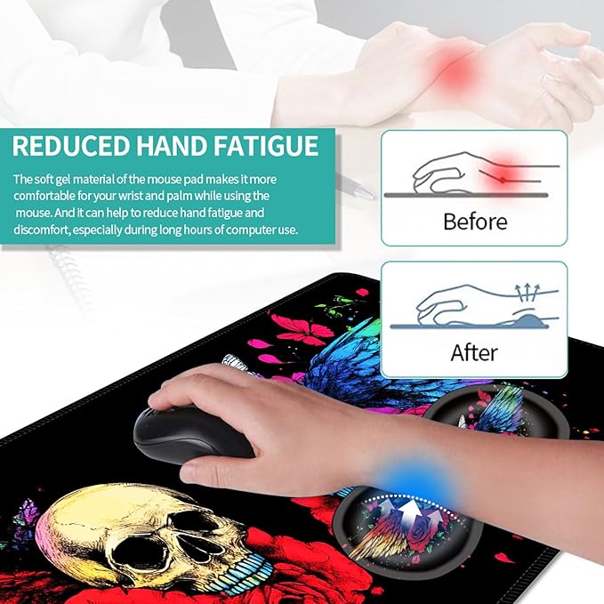 Keyboard Mouse Pad Set Extended Gaming Mouse Pad+Ergonomics Keyboard Wrist Rest Support Memory Foam Easy Typing Pain Relief 4Pcs XL Ultra Thick Desk MatRainbow Skulls Wings Roses