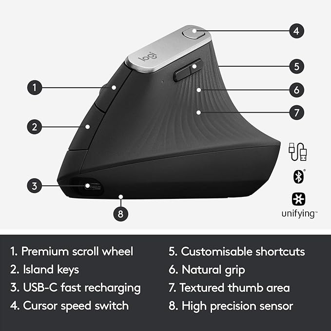 Logitech MX Vertical Wireless Mouse – Ergonomic Design Reduces Muscle Strain Move Content Between 3 Windows and Apple Computers Rechargeable Graphite