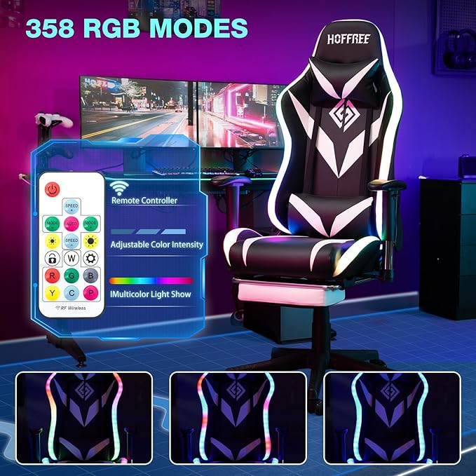 HOFFREE Gaming Chair with Bluetooth Speakers and Led Lights Massage Video Game Chair with Footrest Reclining High Back Computer Gamer Chair White and Black