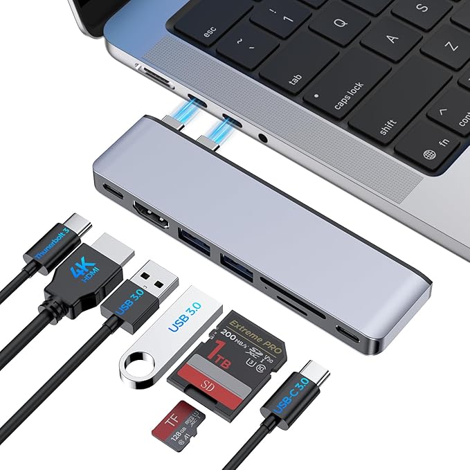 USB C Hub for MacBook Pro/Air M5 M4 M3 M2 M1 2025-2018 13 14 15 16 7 in 2 MacBook Multiport Adapter Accessories Dongle with 4K@60Hz HDMI Thunderbolt 3 USB C&ampA Ports SD TF Card Reader