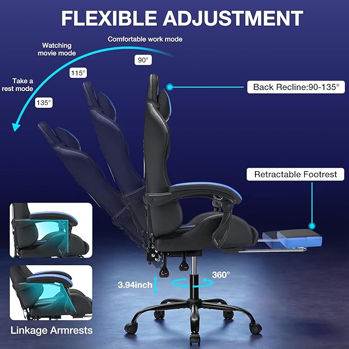 RGB Gaming Chair Massage with LED Lights and Ergonomic Computer Gaming Chair with Footrest High Back Video Game Chairs with Adjustable Lumbar Support Blue and Black