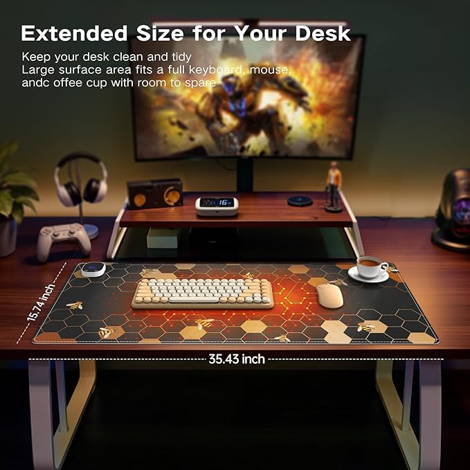 iCasso Heated Desk Pad XXL Heated Mouse Pad Hand Warmer 35.4 x 15.7 Warm Desk Protector Mat with 4 Heating Levels for Computer Keyboard Large Mousepad for Home Office Work (Honeycomb)