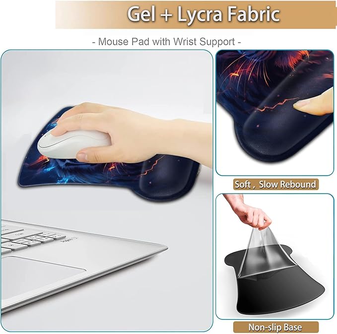 Keyboard Wrist Rest and Mouse Pad Wrist Support Set Ergonomic Gel Mouse Pad Wrist Rest with Non-Slip Base for Home Office Desk Pad Easy Typing Mystic Tiger Nebula Pattern Black Gaming Mouse Mat