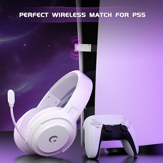 COOLV Wireless Gaming Headset for PS5/PS4PC 2.4GHz&ampBluetooth 5.3 Gaming Headphones with Noise Canceling Mic 20ms Low-Latency 50+Hr Battery Type-C- White
