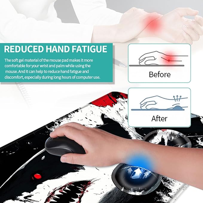 Keyboard Mouse Pad Set Extended Gaming Mouse Pad+Ergonomics Keyboard Wrist Rest Support Memory Foam Easy Typing Pain Relief 4Pcs XL Ultra Thick Desk MatGreat White Shark