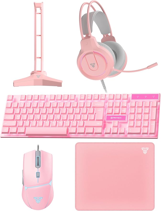 FANTECH Wired Gaming Keyboard and Mouse Set Over-Ear Headphone and Headset Stand Gaming Mouse Pad Wired RGB Rainbow Mice PC Beginner Gamer Basic 5 in-1 forPCLaptopXbox Pink